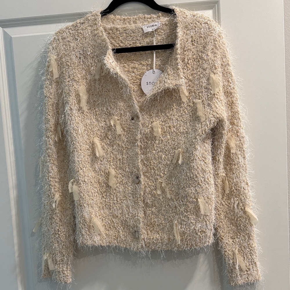 NWT Storia Cream eyelash Textured Knit Cardigan Sweater sz s
